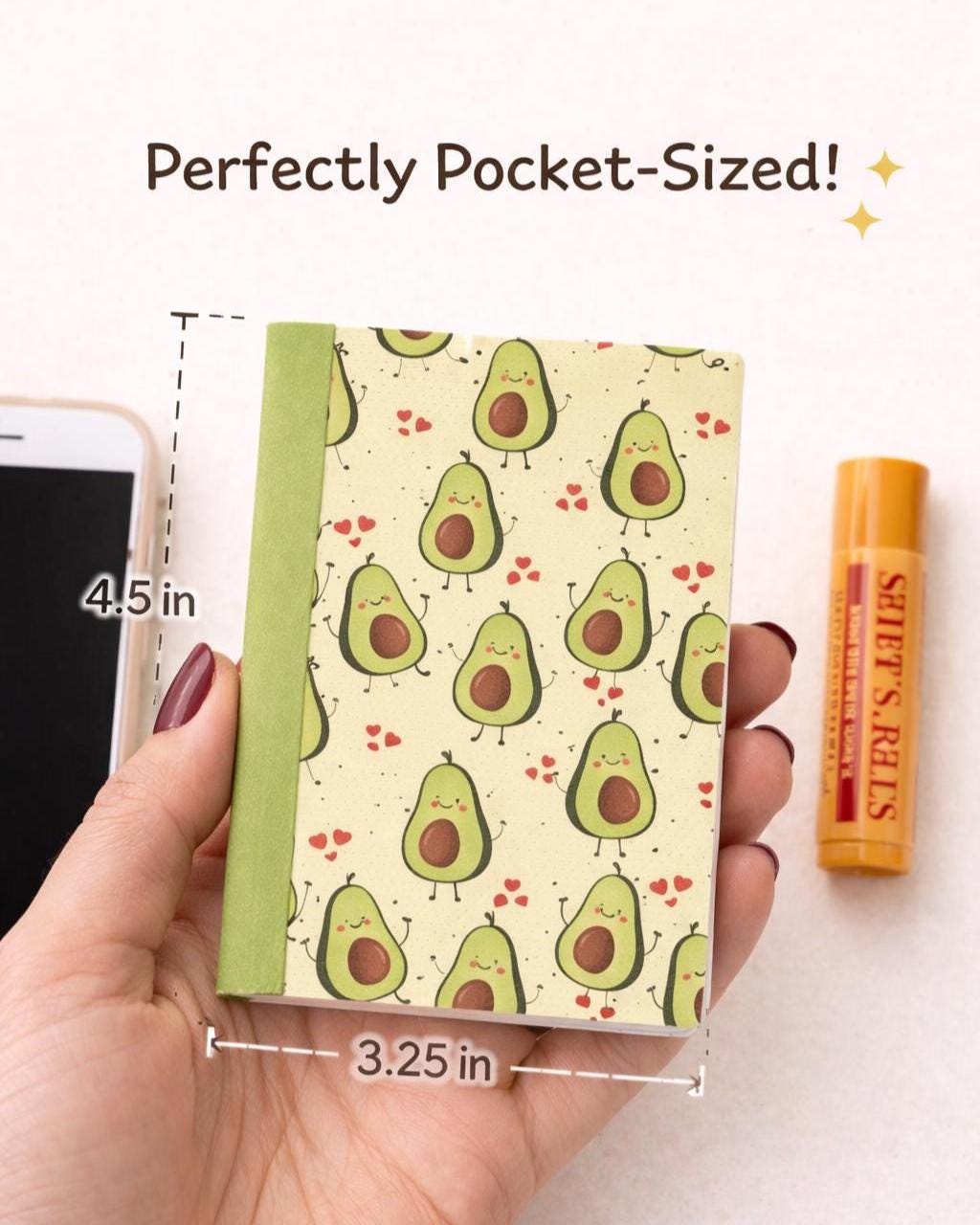 Handmade Mini Avocado Notebook – Pocket Journal, Kawaii Stationery (3.25x4.5 in)
