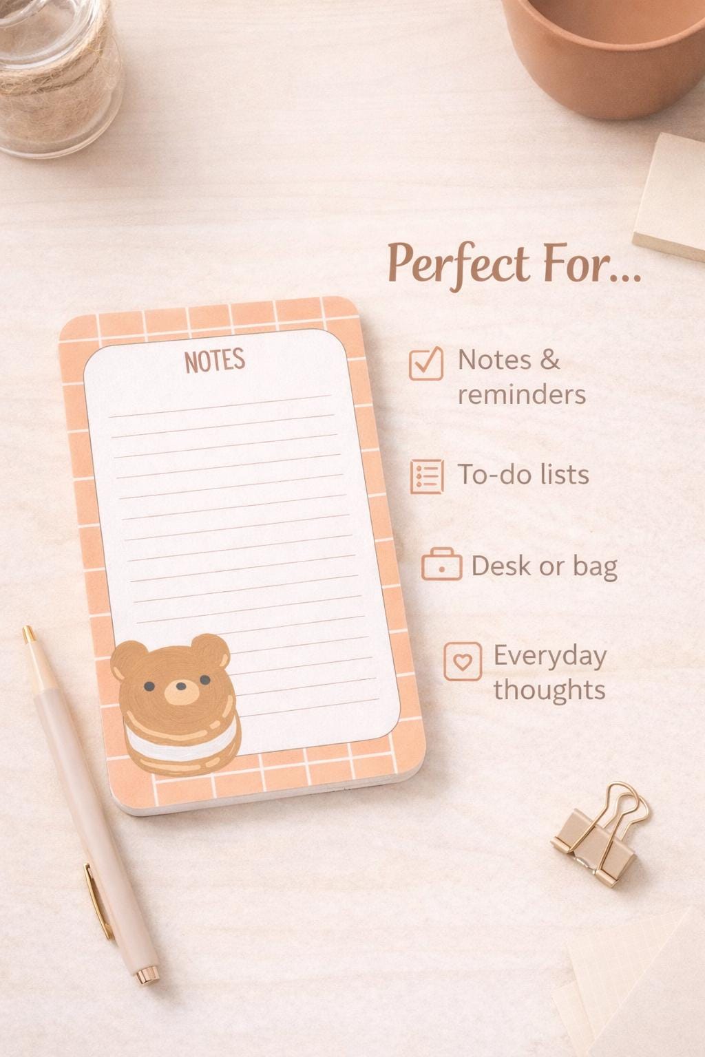 Kawaii Bear Notes Notepad 4x6 Handmade Lined Memo Pad with 50 Pages