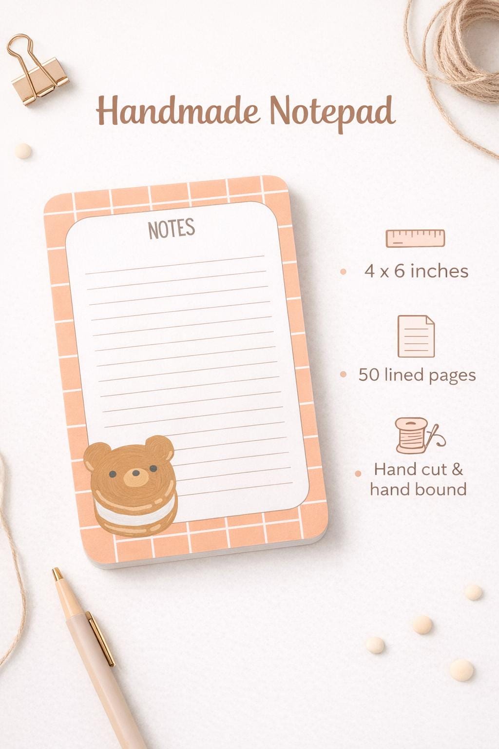 Kawaii Bear Notes Notepad 4x6 Handmade Lined Memo Pad with 50 Pages