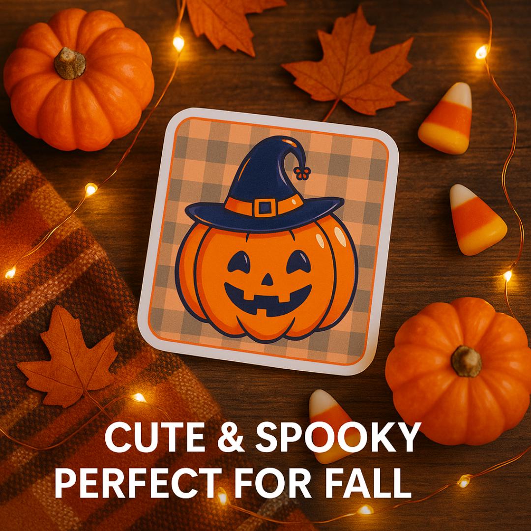Kawaii Pumpkin Witch Hat Sticker: Glossy Halloween Vinyl Decal