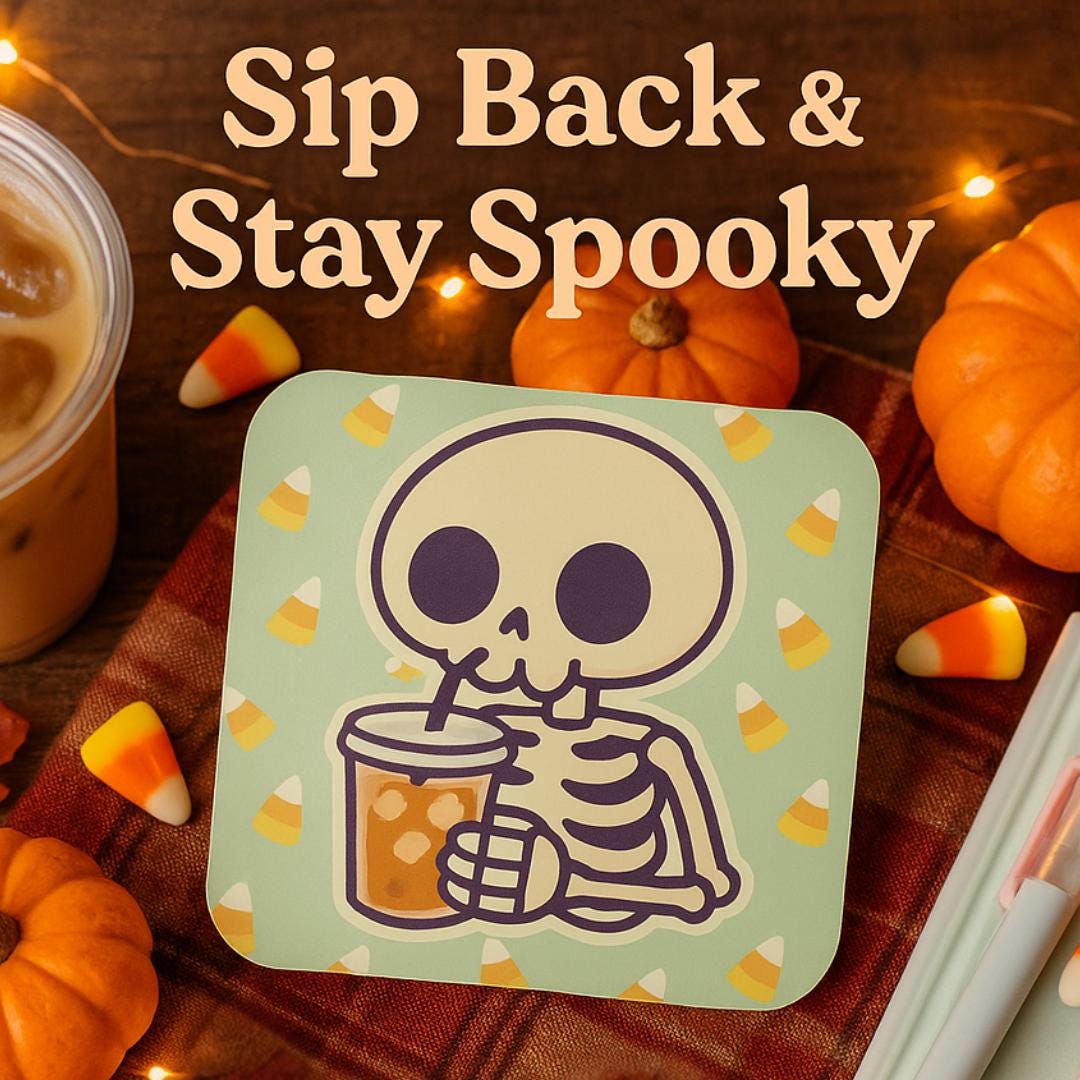 Skeleton Coffee Sticker: Spooky Cute Halloween Vinyl Decal for Laptops, Journals & Water Bottles