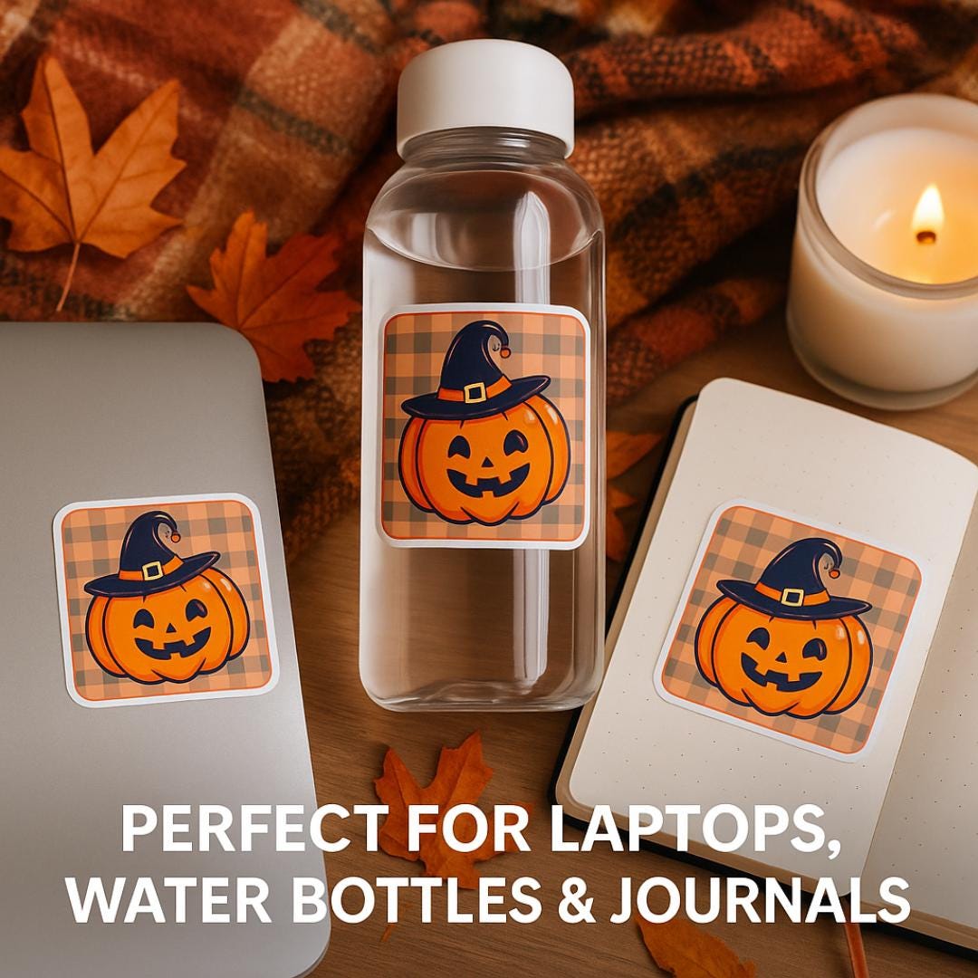 Kawaii Pumpkin Witch Hat Sticker: Glossy Halloween Vinyl Decal