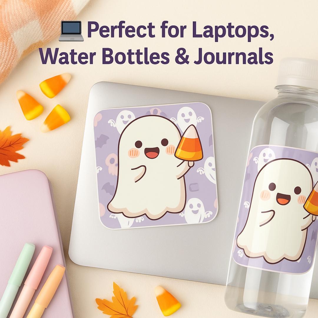 Kawaii Ghost Sticker: Candy Corn Halloween Vinyl Decal