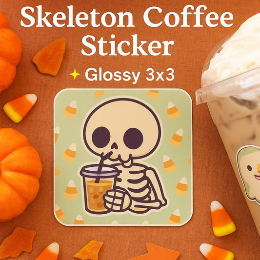 Skeleton Coffee Sticker: Spooky Cute Halloween Vinyl Decal for Laptops, Journals & Water Bottles