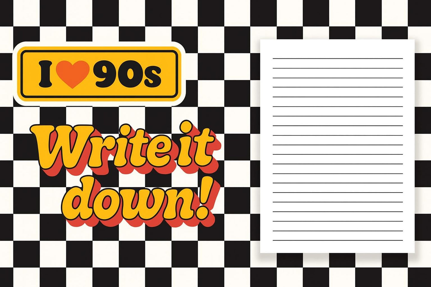 I Love 90s Notebook: Retro Checkered Journal in Black & White