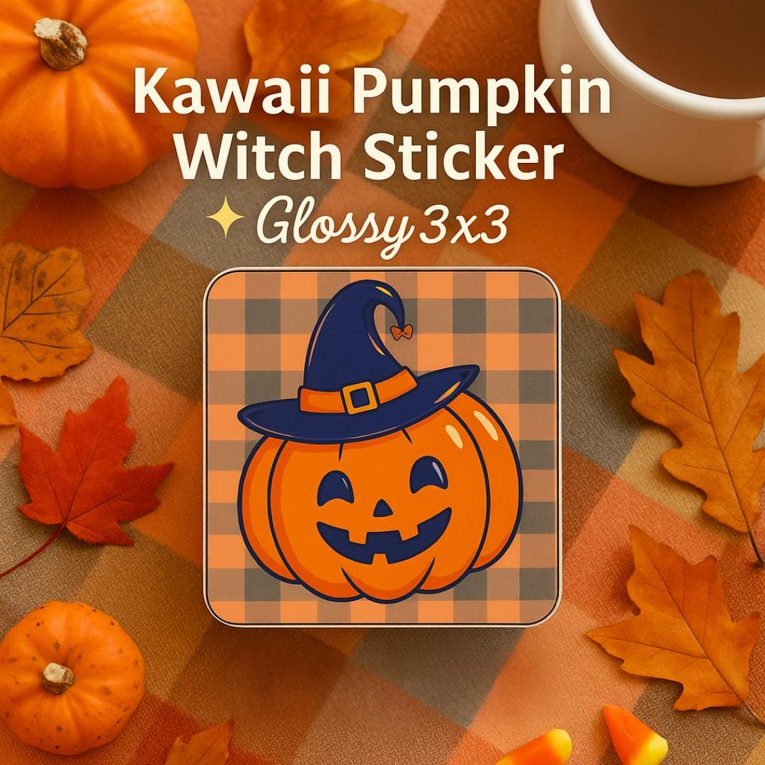 Kawaii Pumpkin Witch Hat Sticker: Glossy Halloween Vinyl Decal