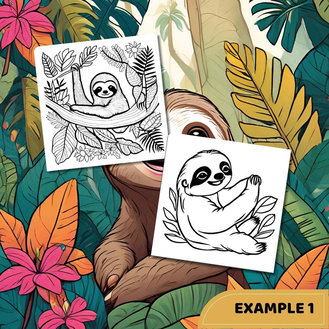 Sloth Coloring Book: 50 Jungle Animal Pages (Digital Download)
