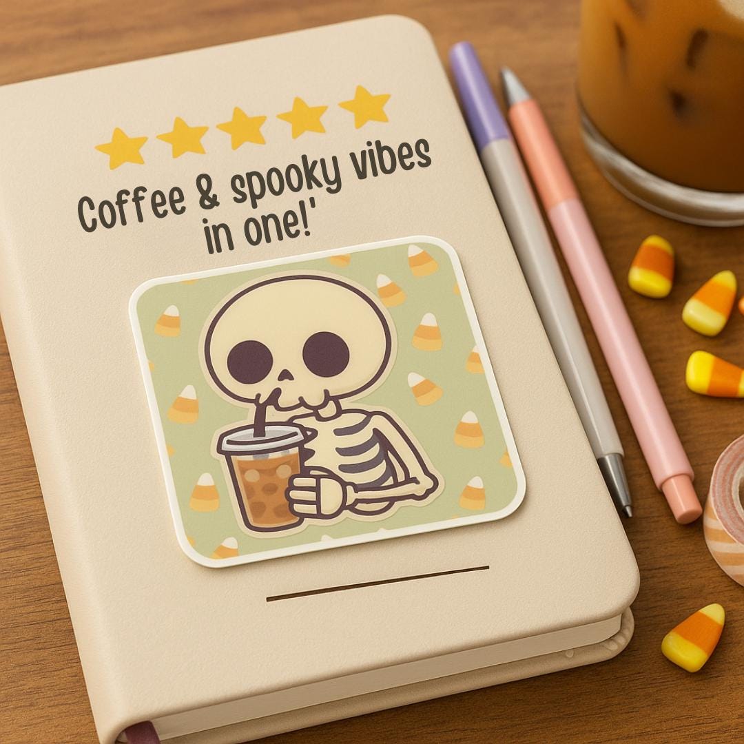Skeleton Coffee Sticker: Spooky Cute Halloween Vinyl Decal for Laptops, Journals & Water Bottles
