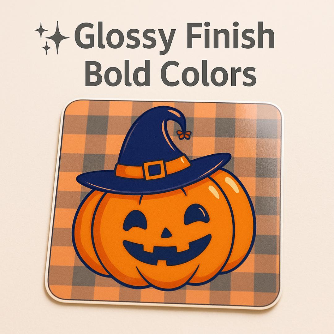 Kawaii Pumpkin Witch Hat Sticker: Glossy Halloween Vinyl Decal