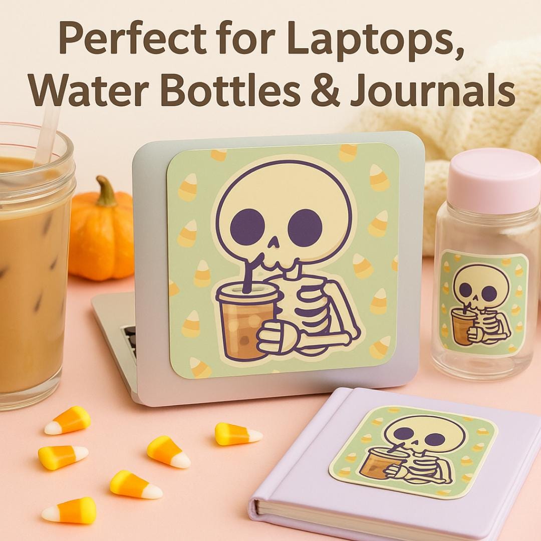 Skeleton Coffee Sticker: Spooky Cute Halloween Vinyl Decal for Laptops, Journals & Water Bottles