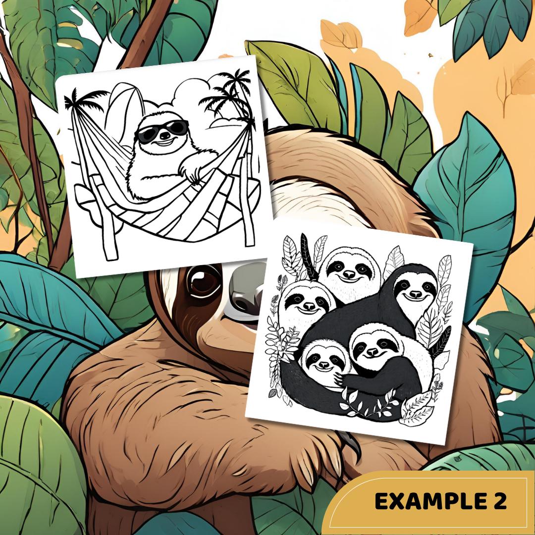Sloth Coloring Book: 50 Jungle Animal Pages (Digital Download)