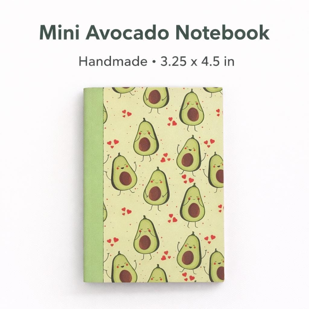 Handmade Mini Avocado Notebook – Pocket Journal, Kawaii Stationery (3.25x4.5 in)