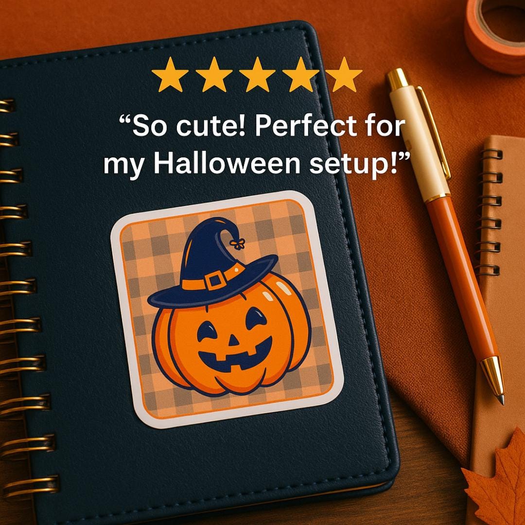 Kawaii Pumpkin Witch Hat Sticker: Glossy Halloween Vinyl Decal