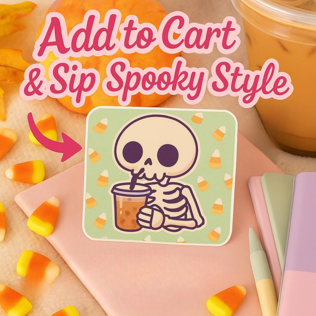 Skeleton Coffee Sticker: Spooky Cute Halloween Vinyl Decal for Laptops, Journals & Water Bottles