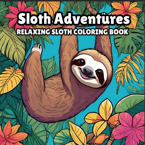 Sloth Coloring Book: 50 Jungle Animal Pages (Digital Download)