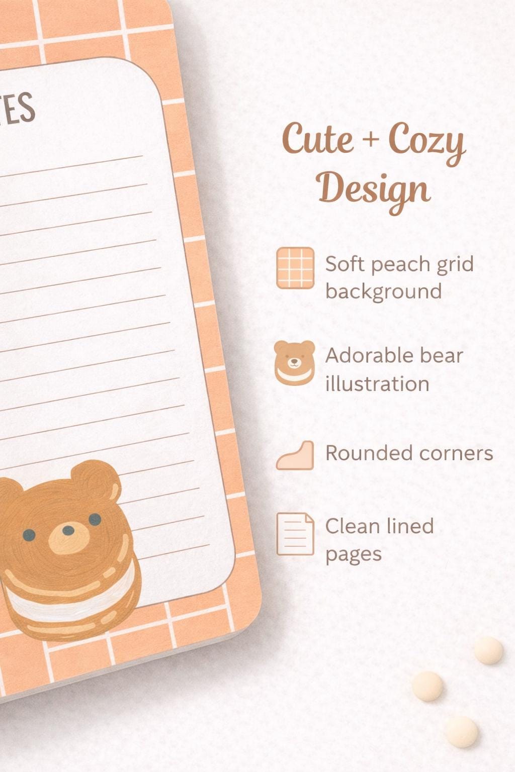 Kawaii Bear Notes Notepad 4x6 Handmade Lined Memo Pad with 50 Pages